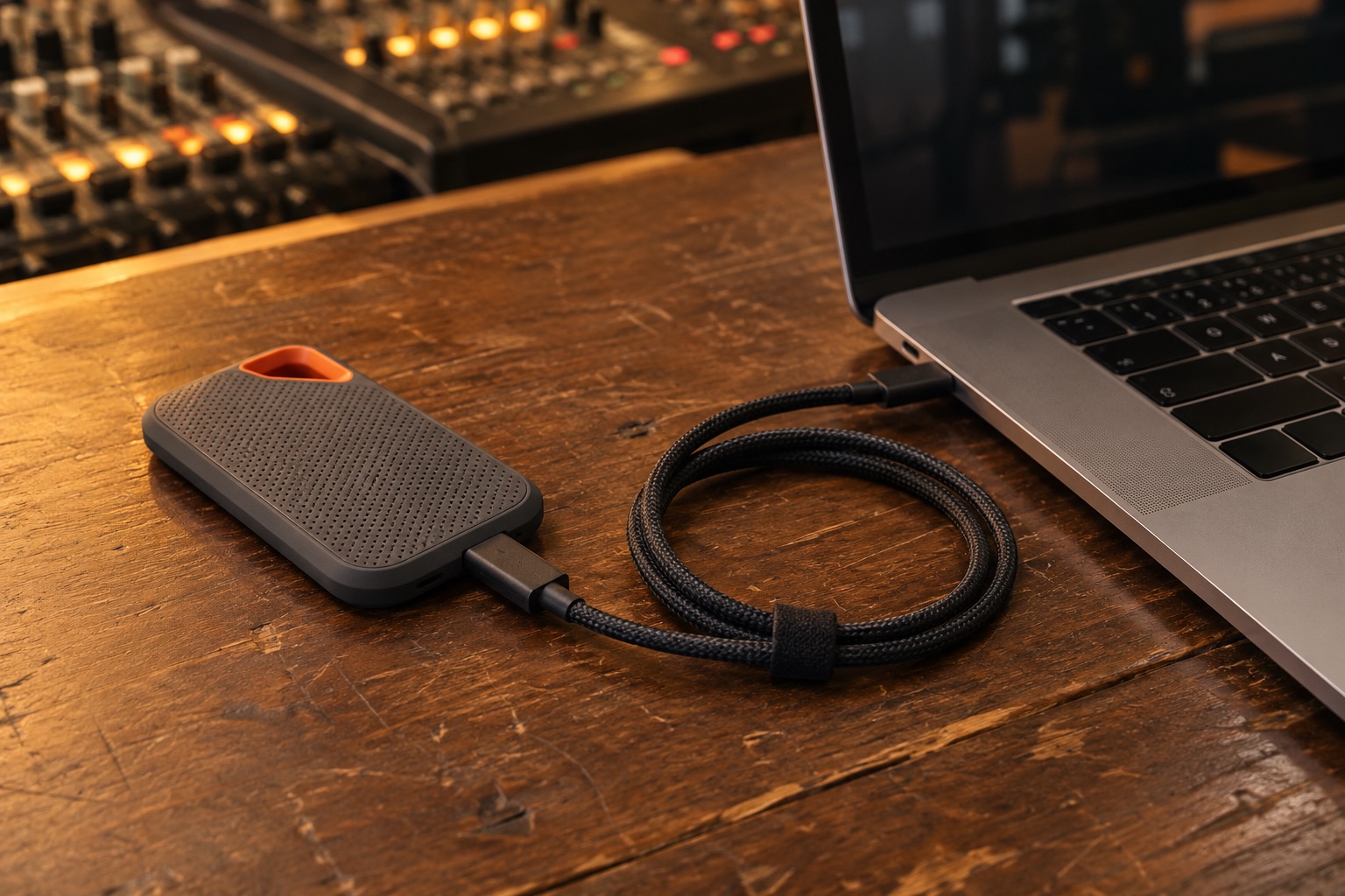 A SanDisk portable drive on a studio desk, plugged into a MacBook Pro by a USB-C cable